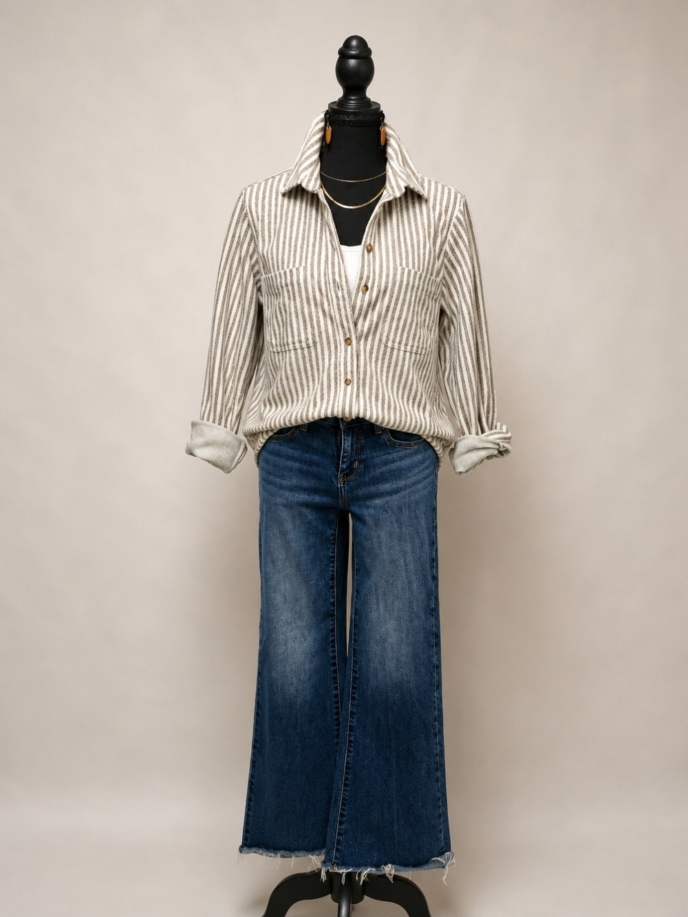 beachlunchlounge Striped Button-Up Shirt - Cream & Brown